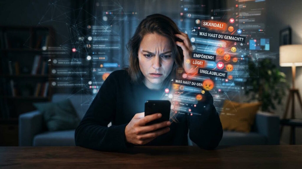 Ragebait: Wie gezielte Empörung Klicks, Reichweite und Aufmerksamkeit erzeugt 1 Das Bild stellt Ragebait als digitale Empörungsmaschinerie dar