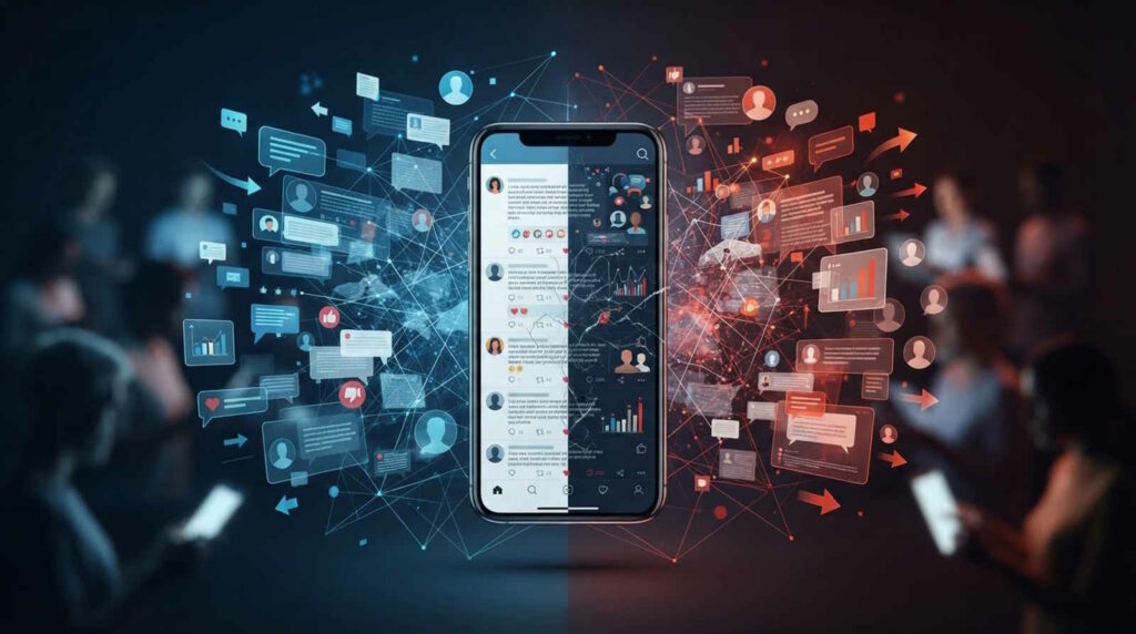 Ragebait: Wie gezielte Empörung Klicks, Reichweite und Aufmerksamkeit erzeugt 3 Das Bild zeigt anschaulich die digitale Polarisierung bei politischen Themen auf Social Media